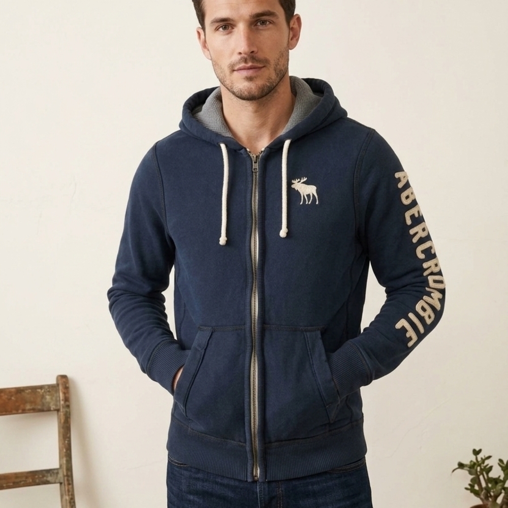 Vintage Heavyweight Abercrombie & Fitch Men's Navy Hoodie Jacket Muscle Fit - Picture 2 of 10